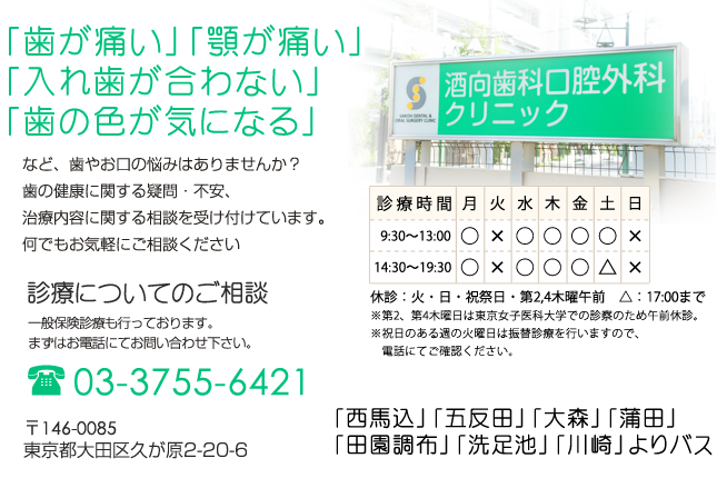 酒向歯科口腔外科クリニック。歯が痛い、顎が痛い、入れ歯が合わない、歯の色が気になるなど歯やお口のお悩みはありませんか？歯の健康や治療内容に関する相談を受け付けています。東京都大田区久が原2-20-6。